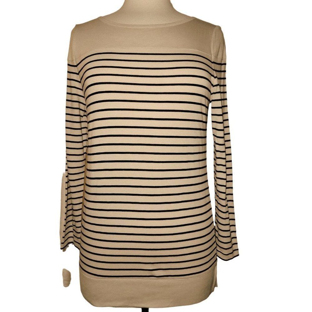 Joan Vass Studio Striped Long Sleeve Knit Top Slim Fit Black & Taupe Soft Sz L